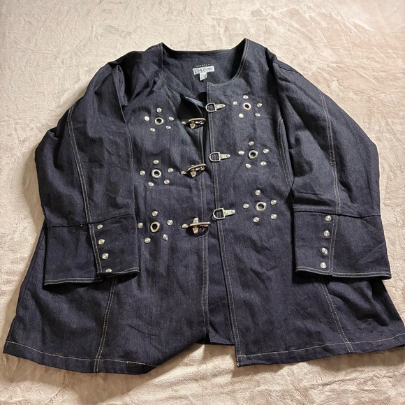 Erica Brooke Grunge Goth Denim Jacket Buckle Studded Grommet Women 26 Super Plus - Picture 1 of 16